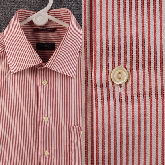Eton Wrinkle Free Striped Cotton 15.5 Red Shirt Button Up Convertible Cuff Men - Picture 1 of 16